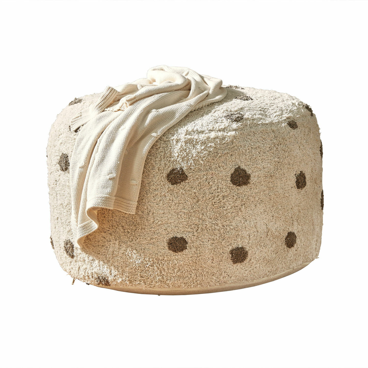 Pouf Thivalie Beiger Pouf aus weichem Material mit braunen Punkten und cremefarbenem Überwurf, gemütliches Wohnzimmermöbel