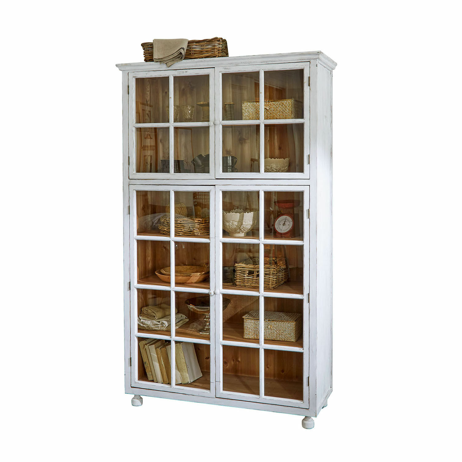 Schrank Bellac Weiße Holzvitrine mit Glastüren und natürlichem Innenraum, elegantes Wohnzimmermöbel