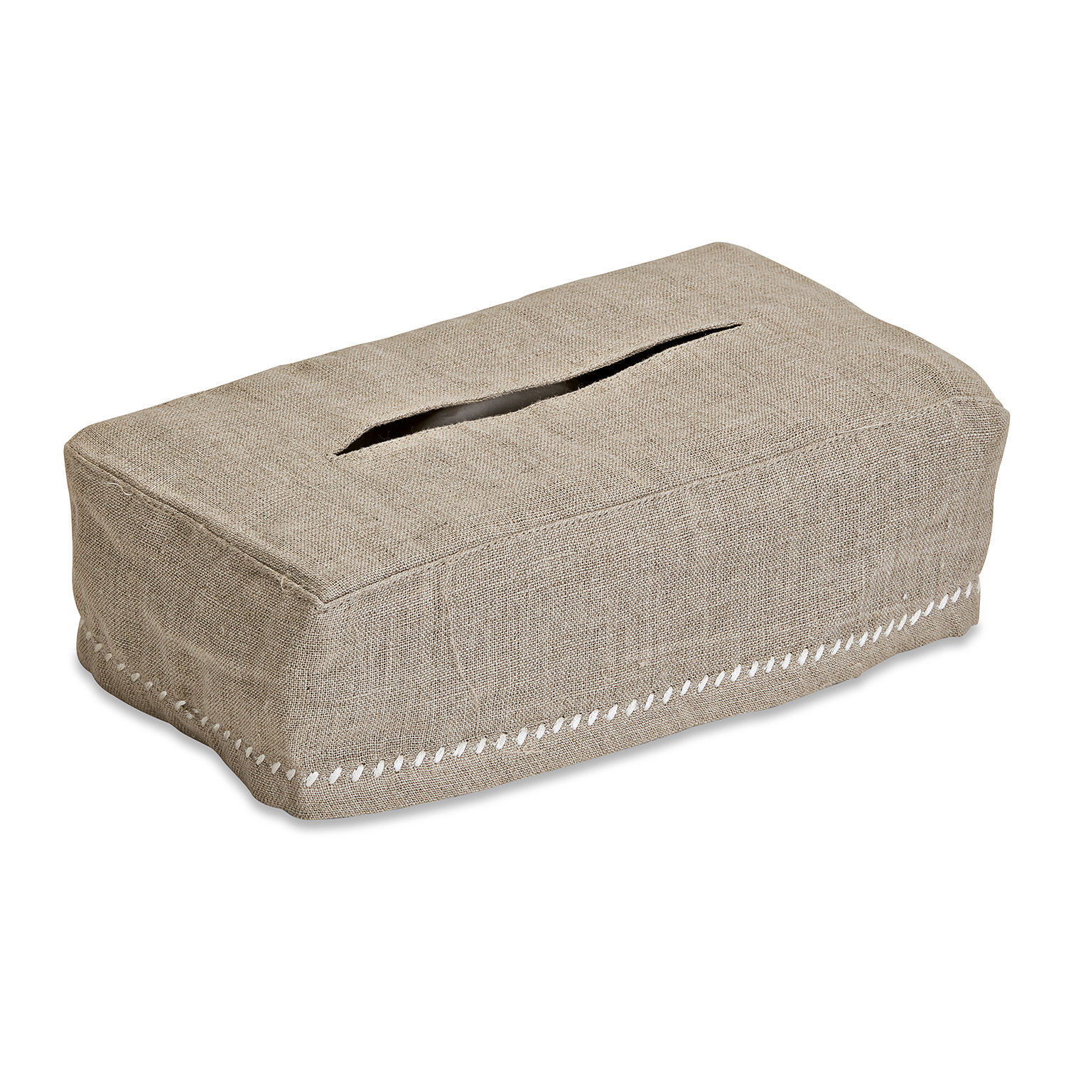 Beige Leinenhusse für Taschentuchbox mit weißer Ziernaht, dekorativer Wohnaccessoire