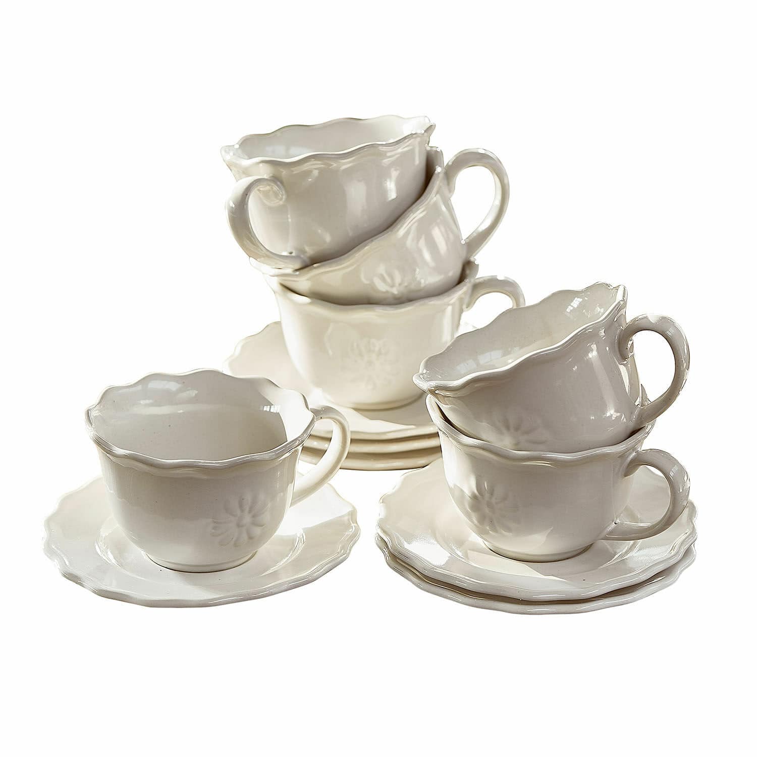 Tasse mit Unterteller 6er Set Mallevesse Set aus weißen Keramik-Tassen und Untertassen mit zartem Blumenmuster für Tee