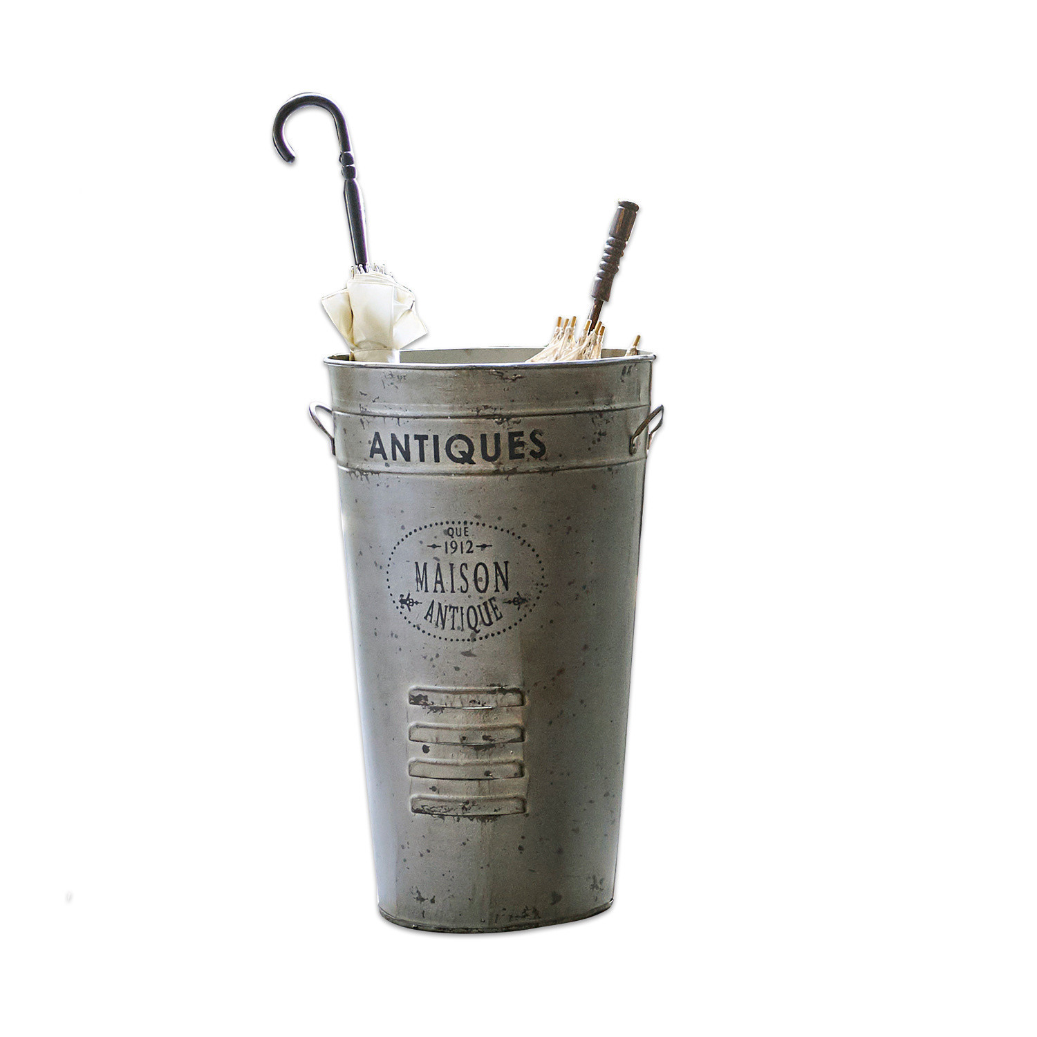 Metalliger vintage Regenschirmständer in Grau mit Aufschrift antiques für Flur