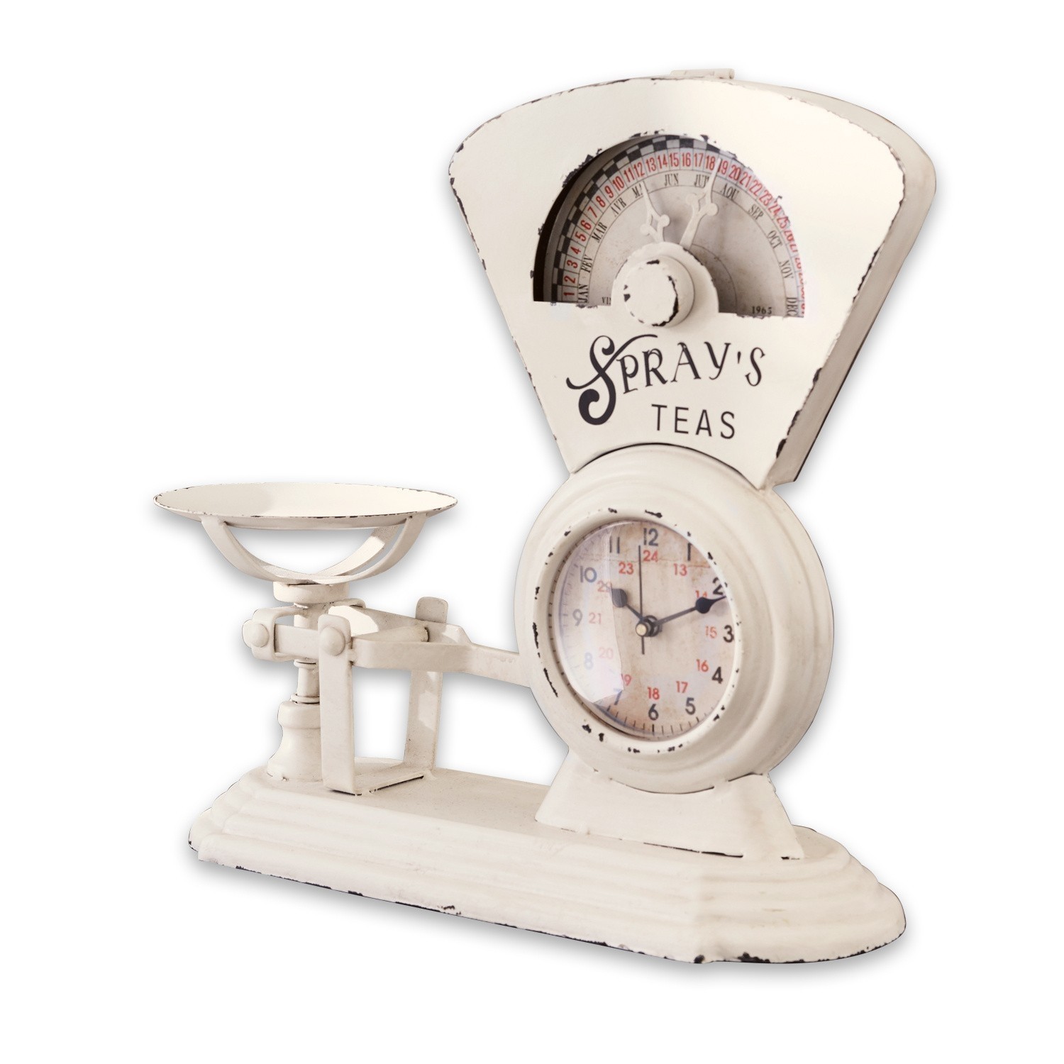 Uhr Balances Weiße Metall-Küchenwaage mit Uhr und Schriftzug Spray's Teas im Vintage-Stil, Küchendekoration