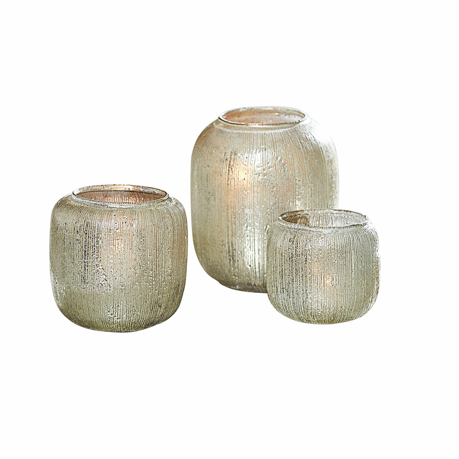 Windlicht 3er Set Clioneth Set aus drei silbernen Glas-Teelichthaltern mit Struktur, Wohnaccessoire, stimmungsvolle Beleuchtung