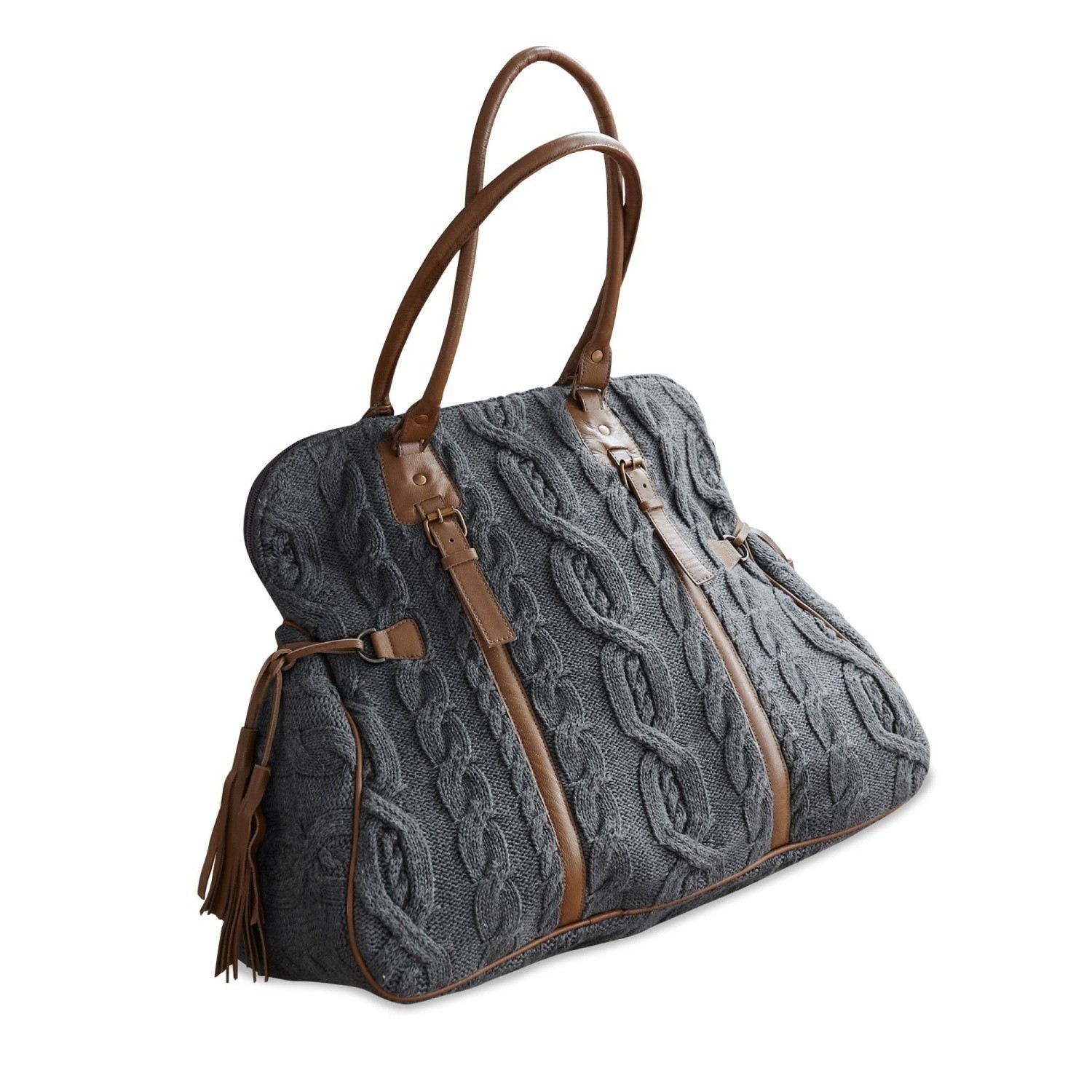 Graue Donna Tasche aus Strick mit braunen Ledergriffen und Details, modisches Accessoire