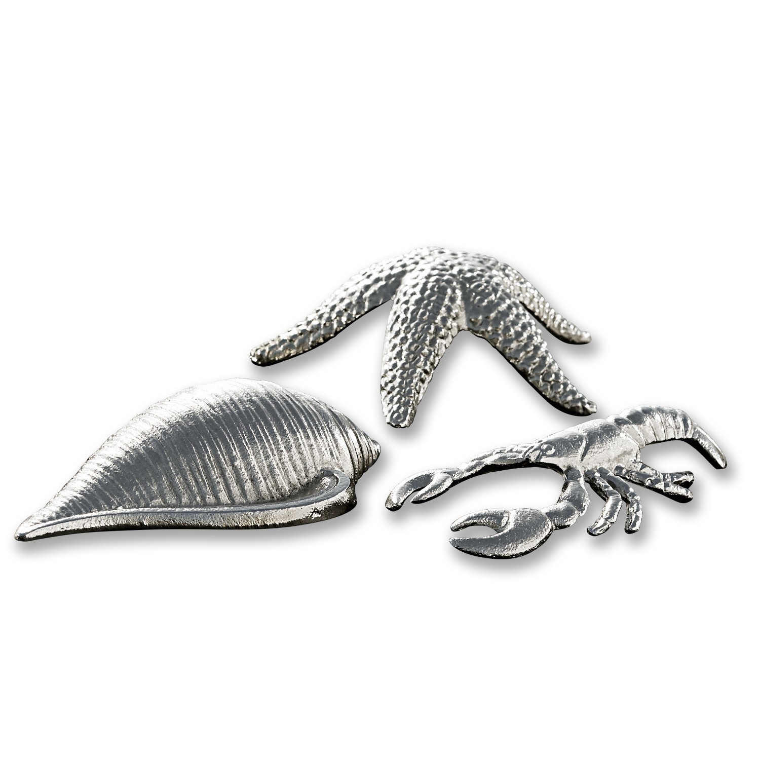 Dekorative maritime Metallfiguren in Silber: Seestern, Muschel und Hummer als Dekoobjekte