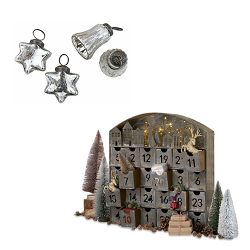 Metall Adventskalender mit 24 Schubladen und vintage Weihnachtsdekorationen