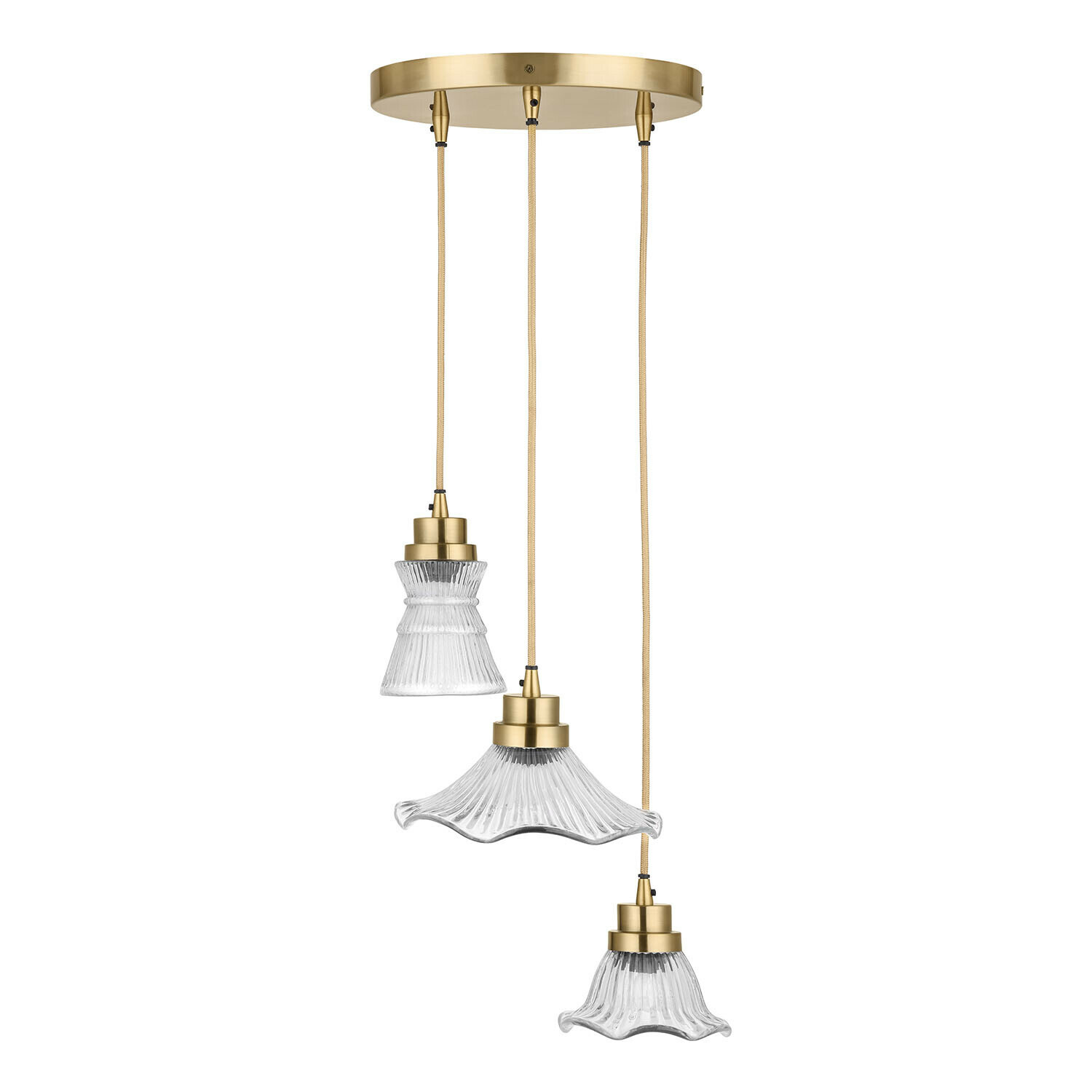 Hängelampe mit drei Glaslampenschirmen und Messingdetails, modernes Design für Innenräume