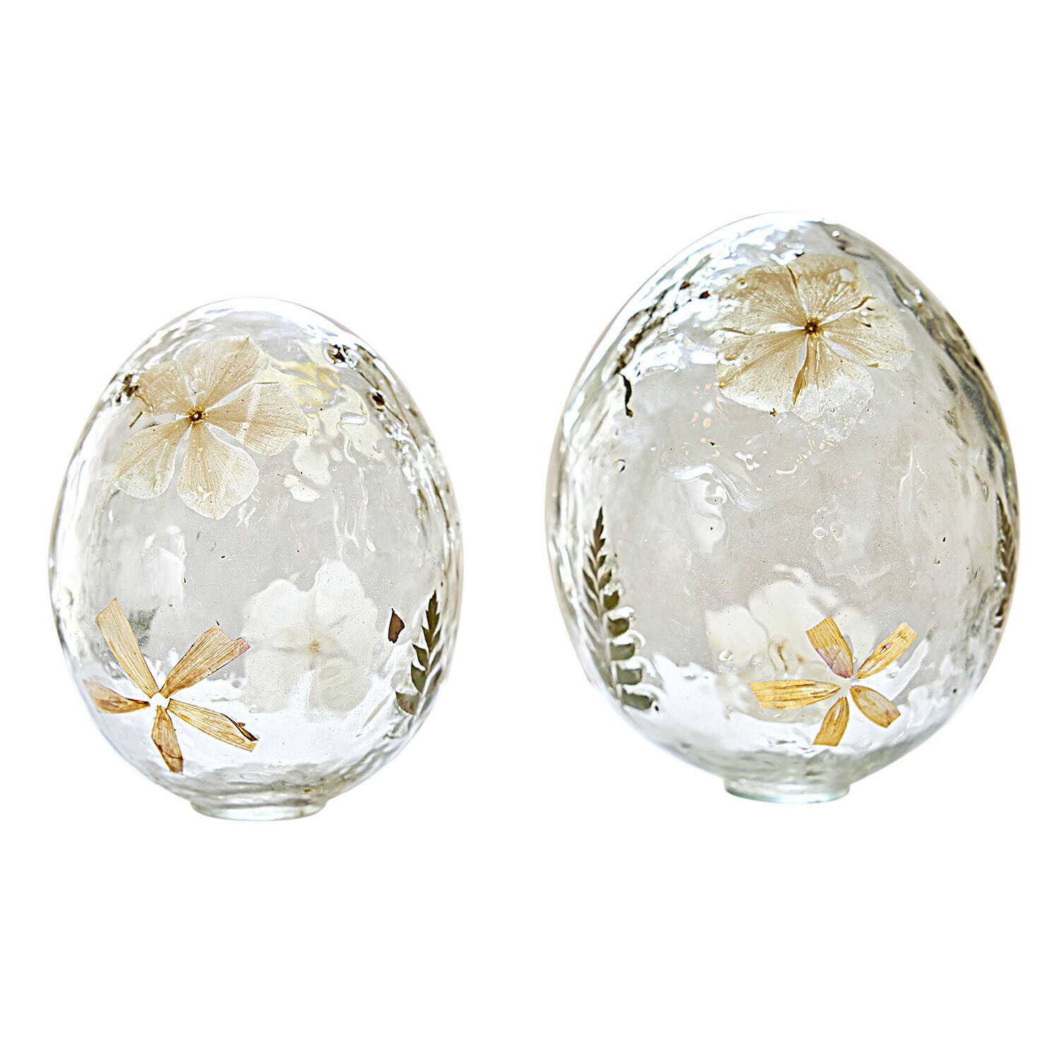 Deko-Ei 2er Set Coudrisse Zwei transparente Glaseier mit getrockneten Blumen und Blättern als Frühlingsdekoration