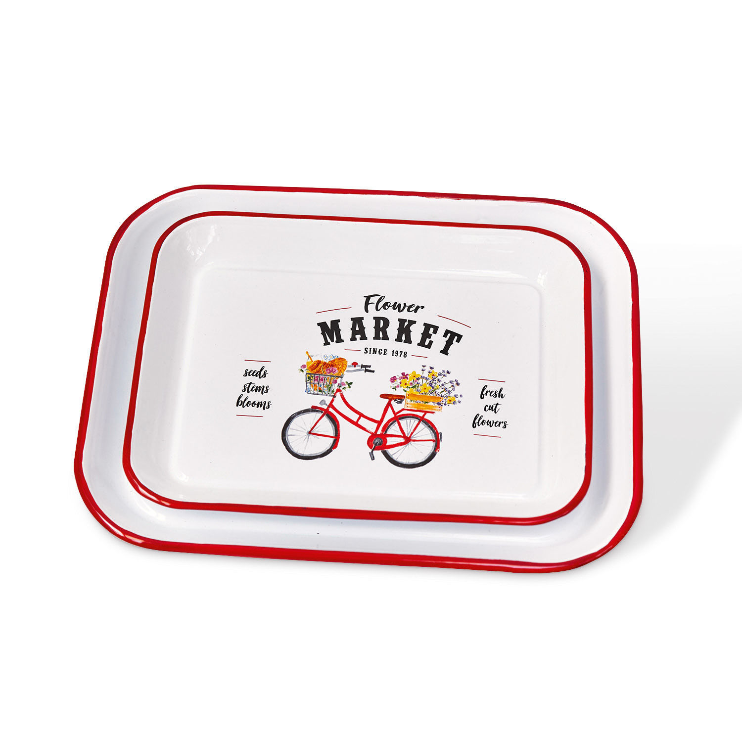 Tablett 2er Set Flower Market Set aus zwei weißen Emaille-Tabletts mit rotem Rand und Fahrradmotiv mit Blumen