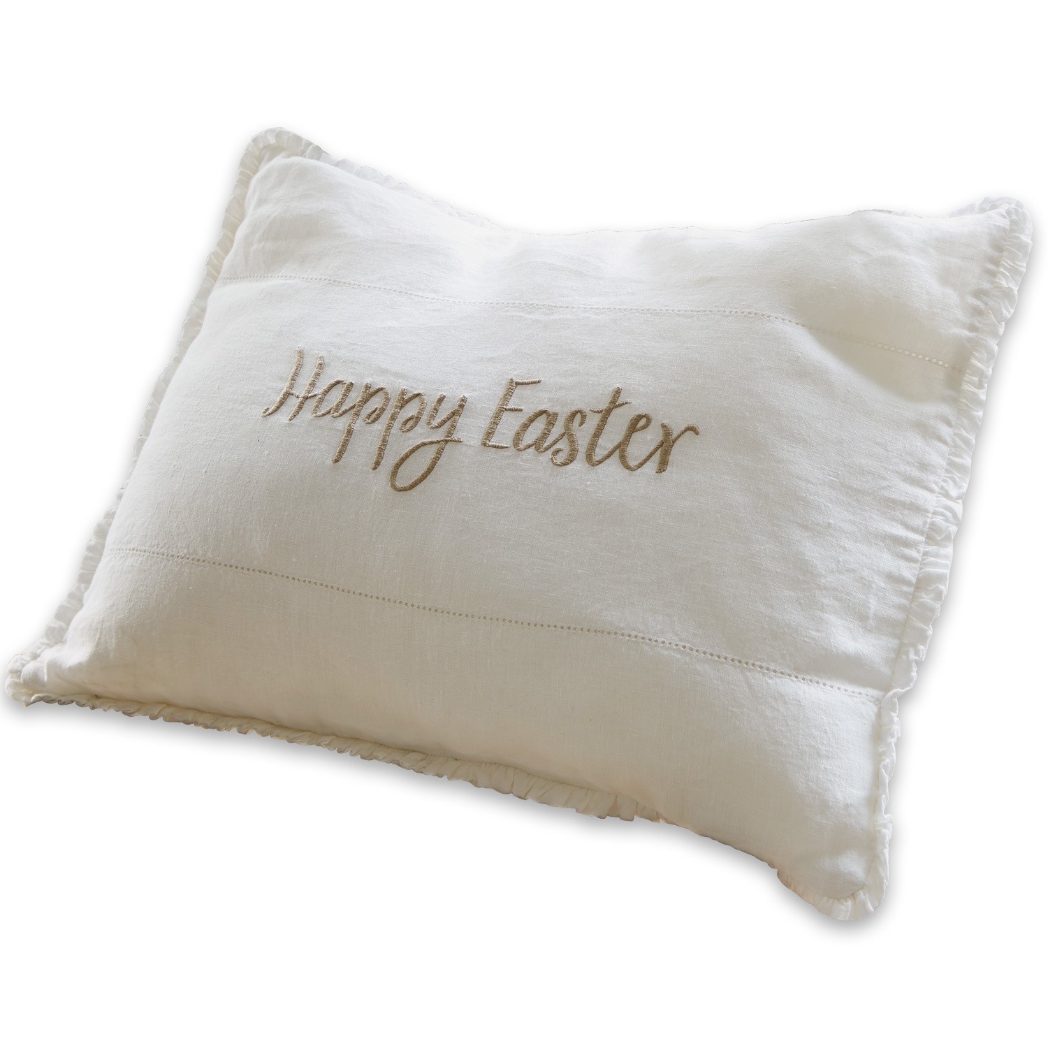 Weiße Leinen-Dekokissen mit Stickerei Happy Easter, stilvolle Osterdekoration für Zuhause