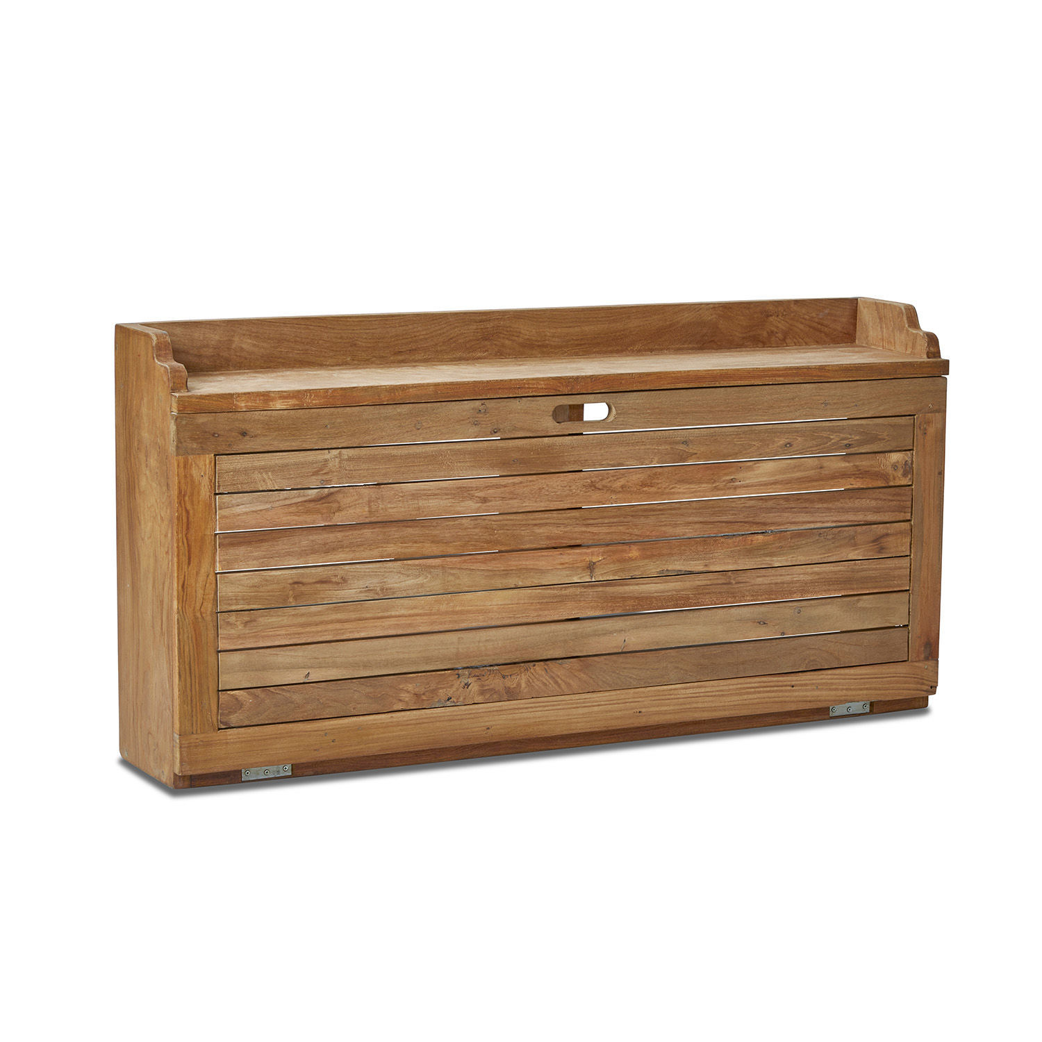 Aufbewahrungskiste aus Holz in natürlicher Farbe mit Griff und Lattenfront für rustikalen Stil