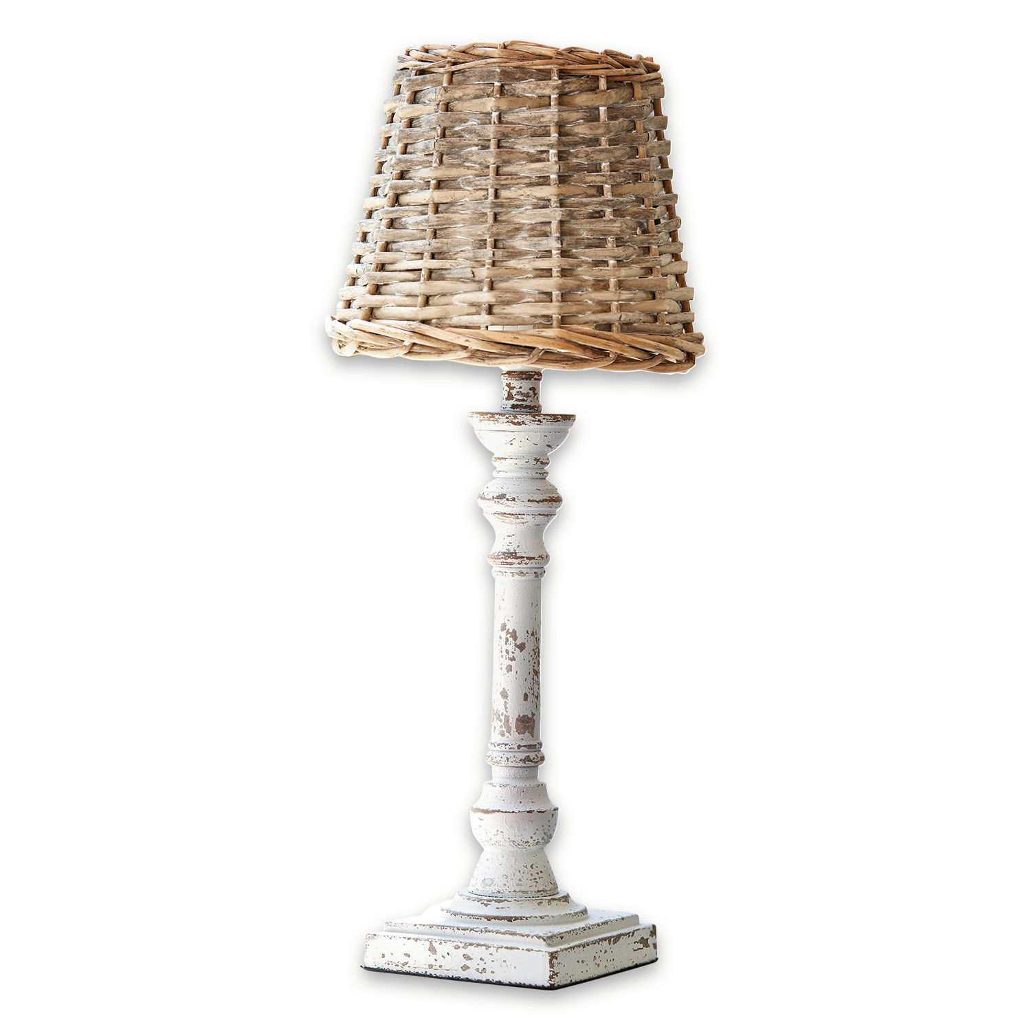 Tischlampe Noelie Tischlampe aus weißem Holz mit Shabby-Chic-Effekt und natürlichem Korbgeflecht-Schirm