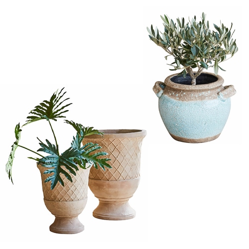 Set aus Terrakotta-Töpfen in Beige und Blau für Wohn- und Gartendekoration