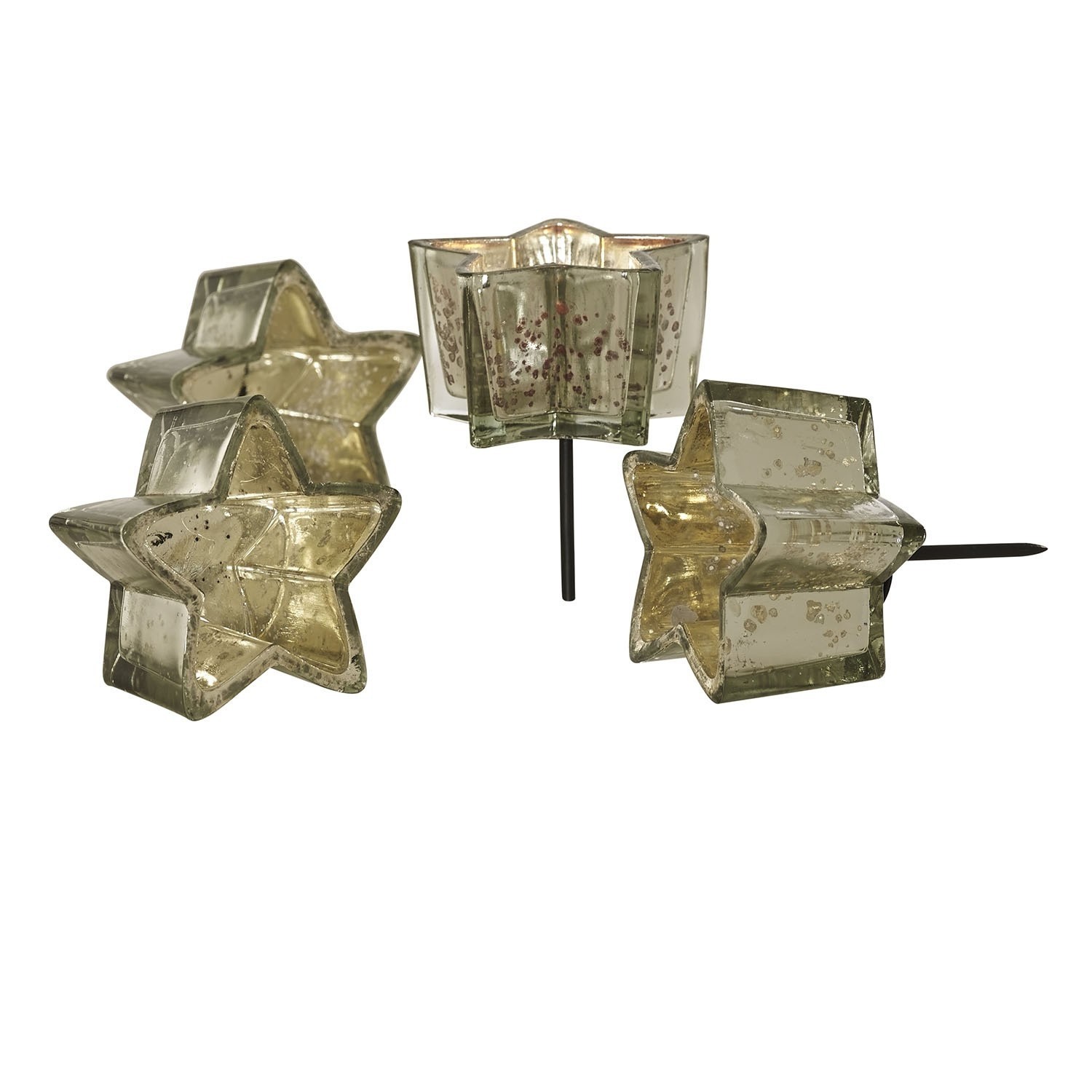 Steckwindlicht 4er Set Bernice Glas-Teelichthalter in Sternform mit Metallspießen, goldfarbene Weihnachtsdekoration