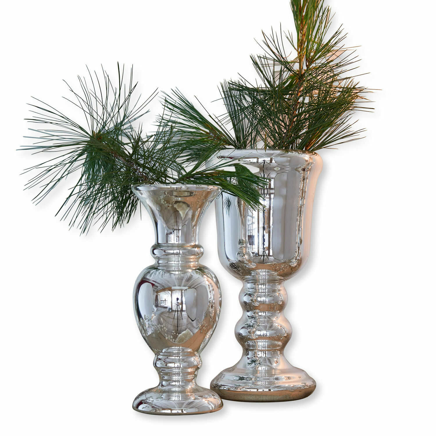 Zwei silberne Glasvasen mit grünen Kiefernzweigen, Innendekoration aus Spiegelglas