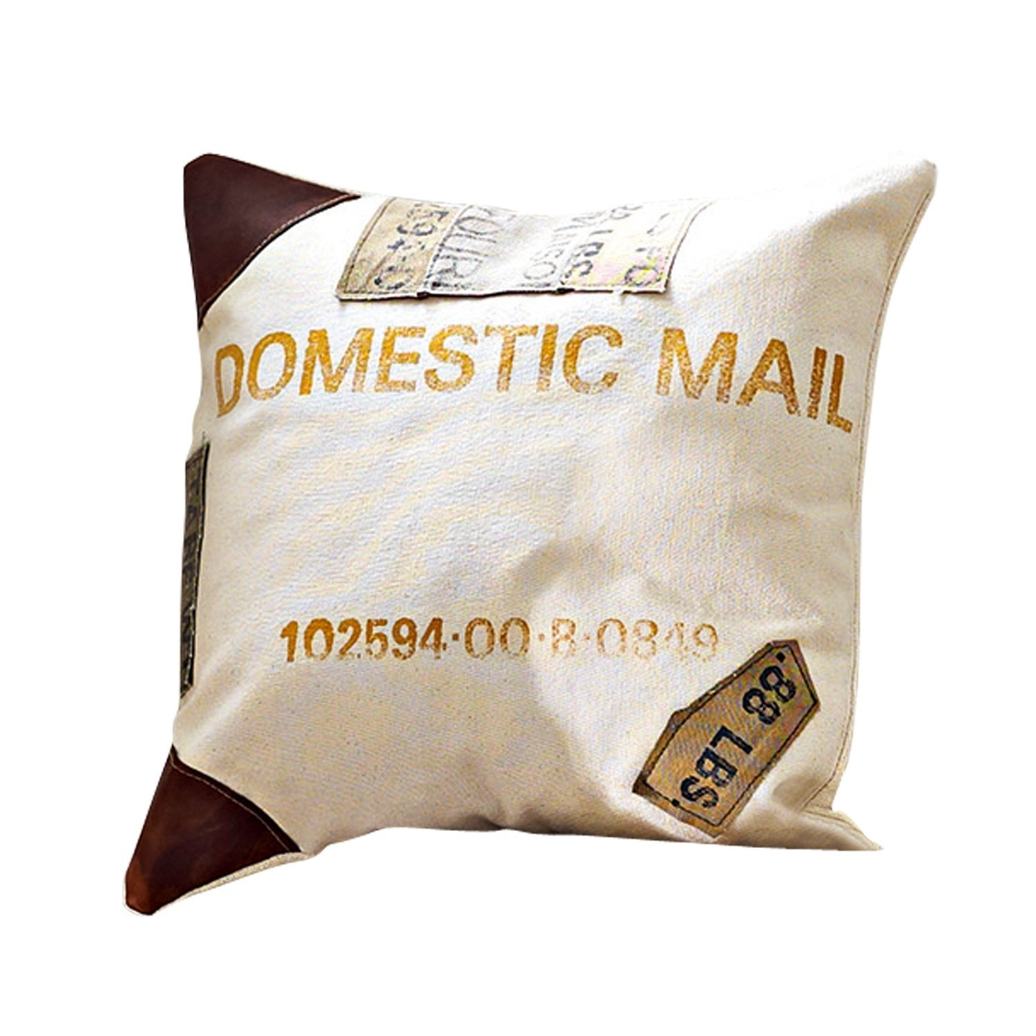 Dekoratives Kissen aus Baumwolle und Leder in Creme mit Aufdruck Domestic Mail für Wohnzimmer