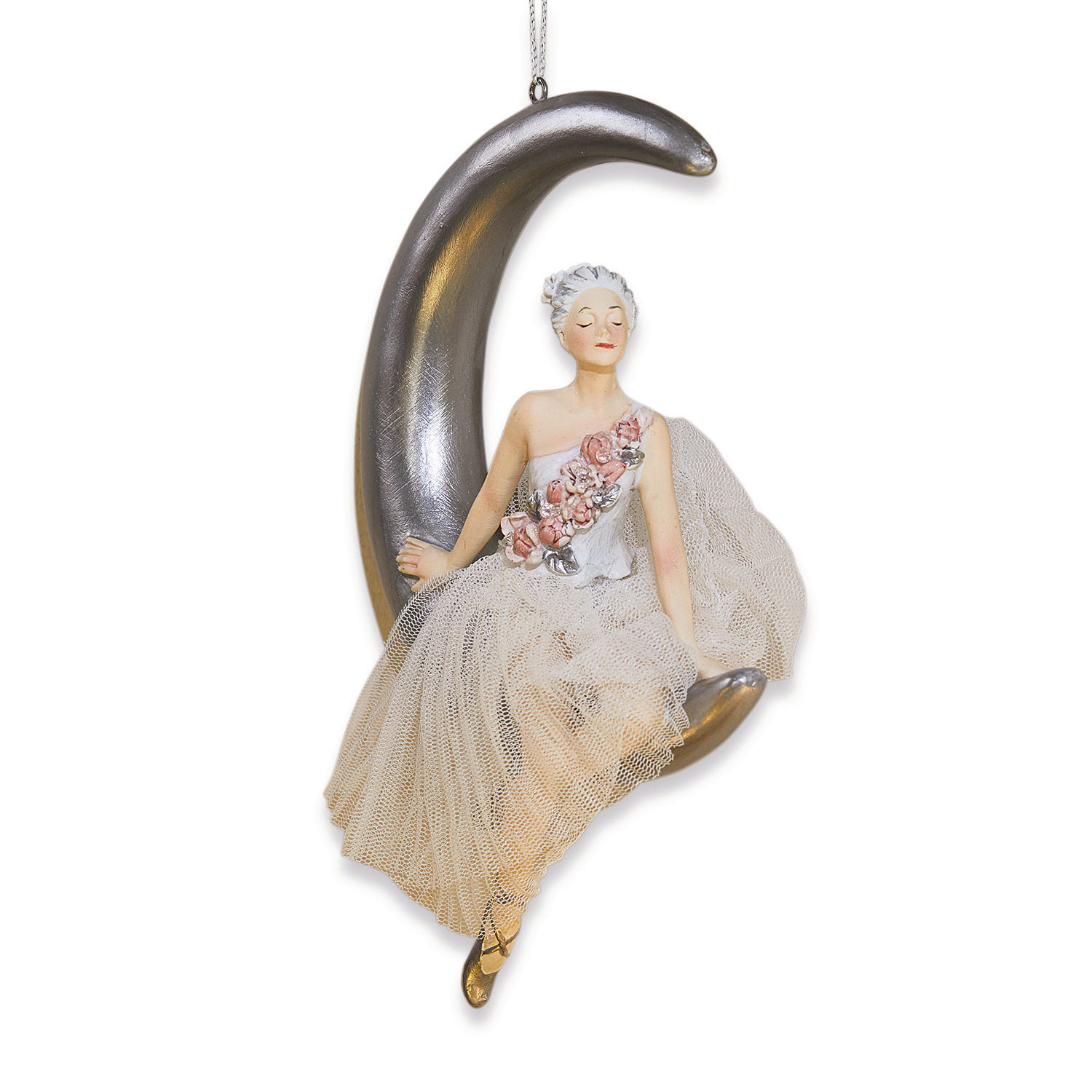 Figur Ballerina in weißem Tüllkleid mit Blumen auf silbernem Mond als Wohnaccessoire