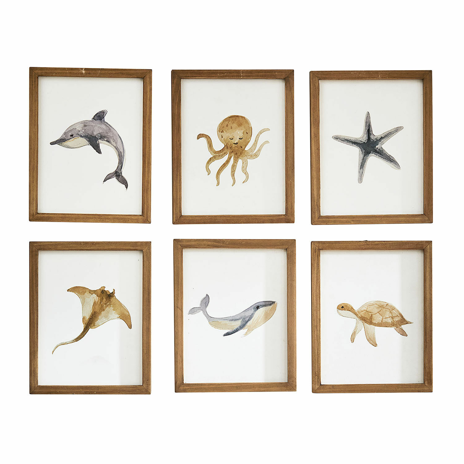 Bild 6er Set Nibblu Sechsteiliges Set Holzrahmen mit Aquarellbildern von Meerestieren in natürlichen Farben