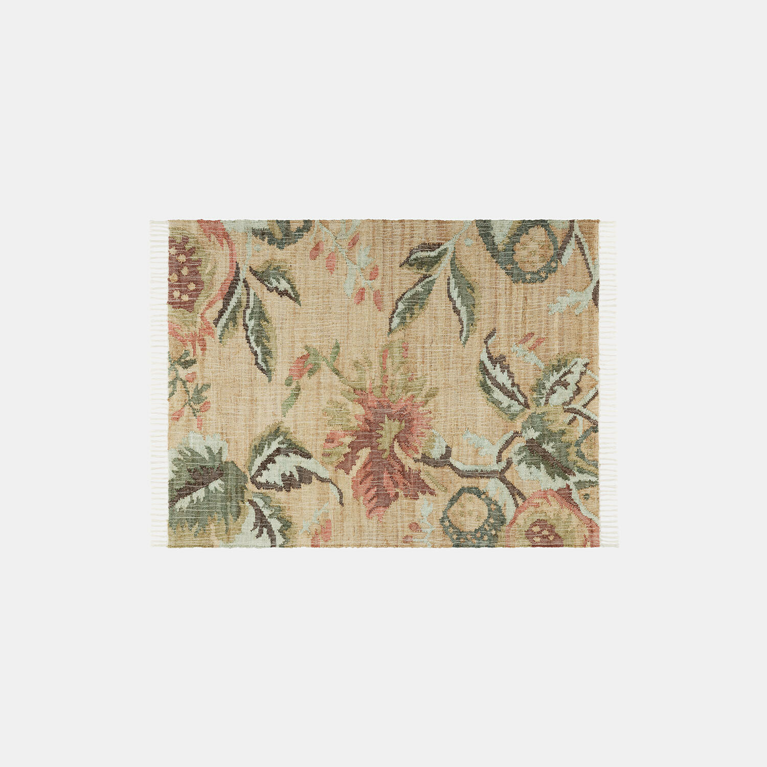 Teppich aus Naturmaterial in Beige mit floralem Muster und grünen Blättern für Wohnräume