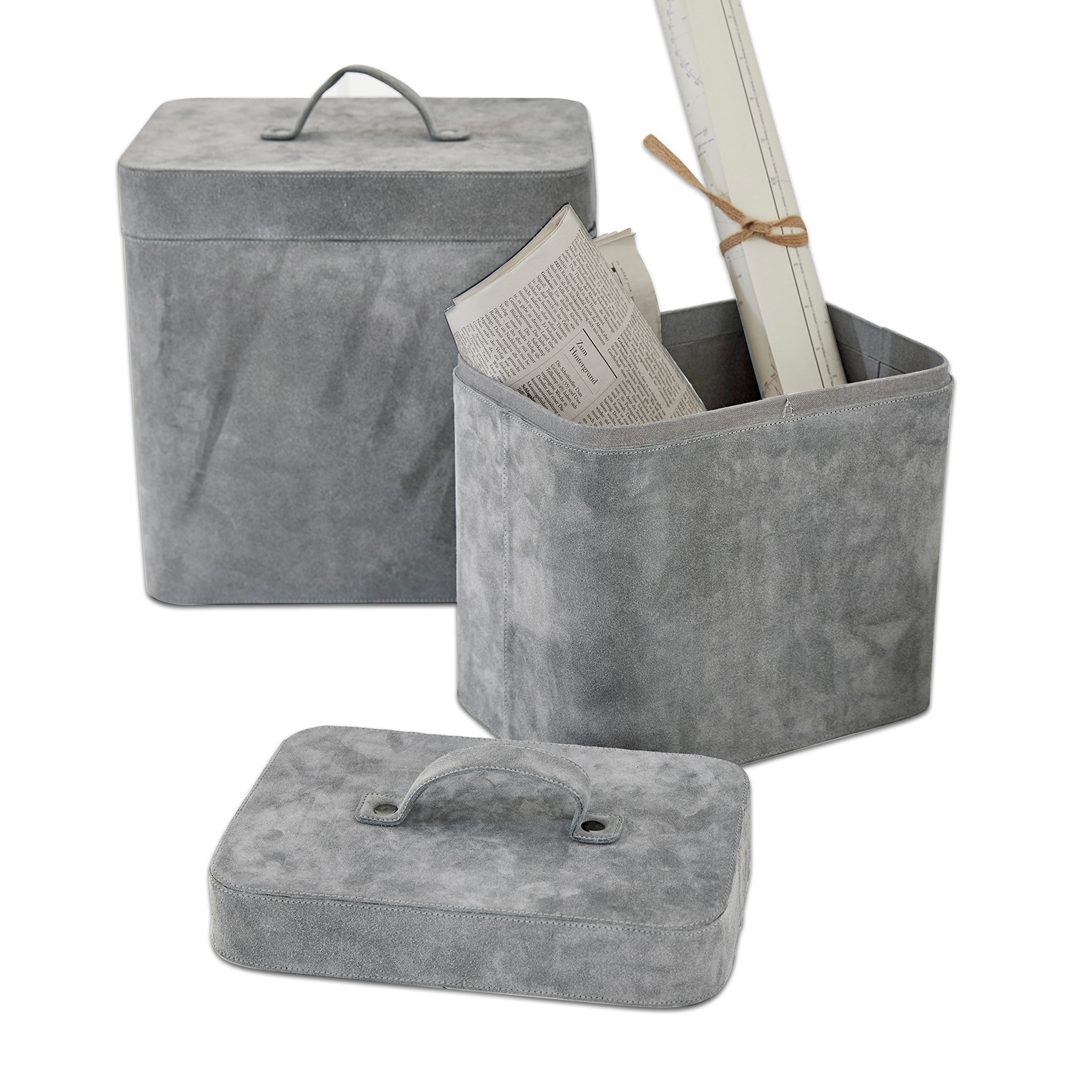 Graue Aufbewahrungsboxen aus weichem Material mit Griffen, ideal zur Organisation im Haushalt