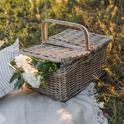 Picknickkorb aus natürlichem Weidengeflecht mit Griff und Blumen auf Decke im Gras