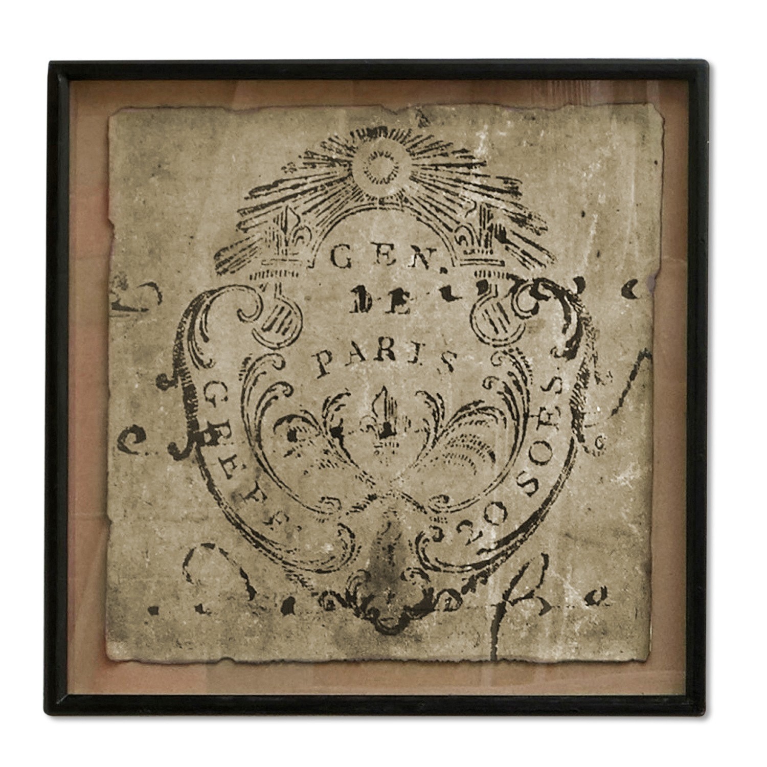 Alte dekorative Grafik mit Pariser Motiv in schwarzem Rahmen auf beigem Hintergrund