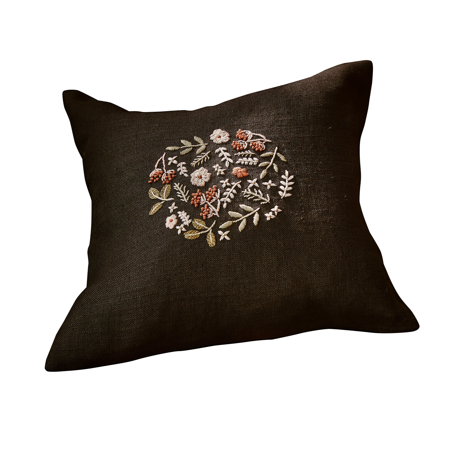 Kissenhülle Mireve Dunkelbraunes Leinenkissen mit floraler Stickerei, dekorativ für Wohn- und Schlafzimmer