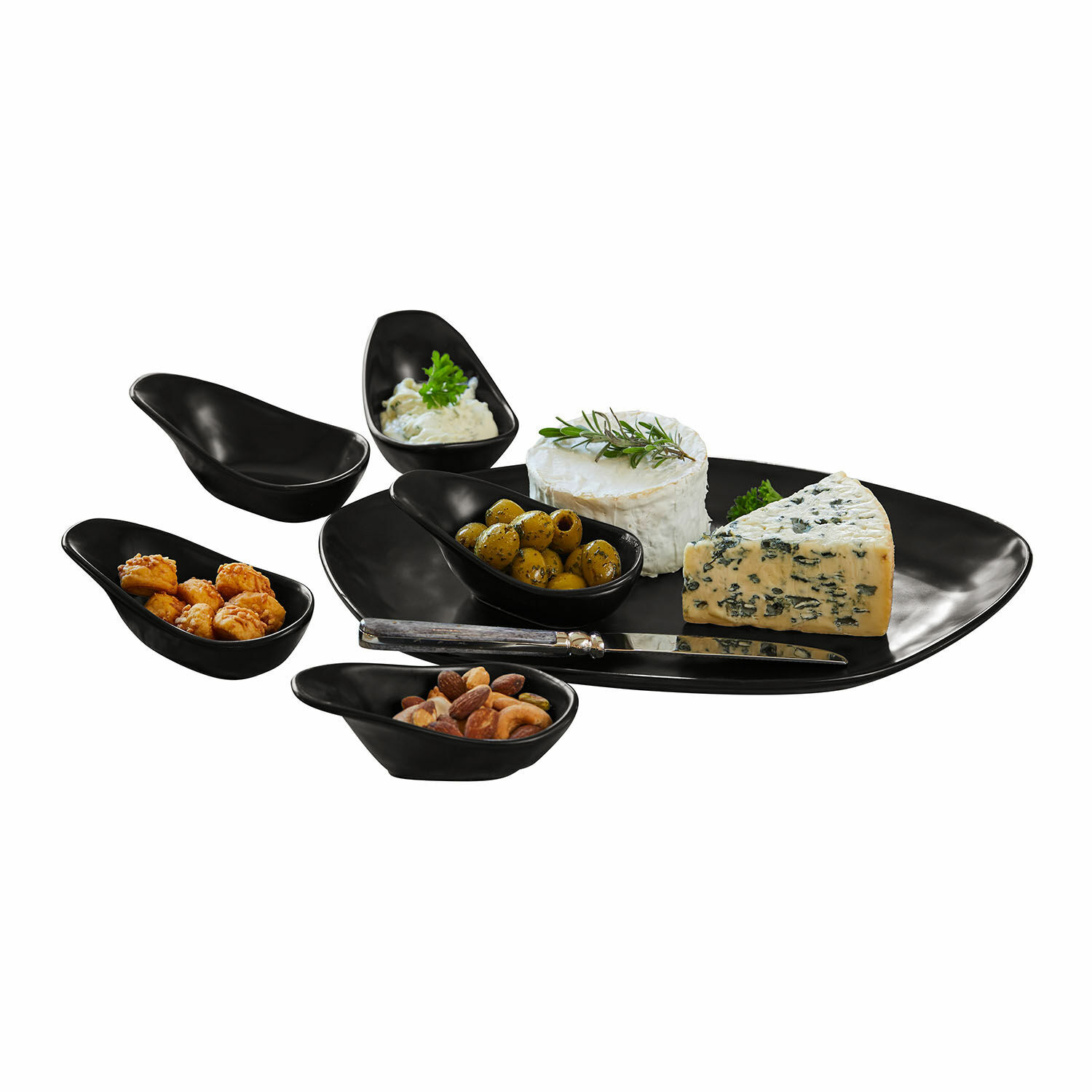 Servierschälchen 6er Set Biarré Schwarzes Keramik-Servierset mit Käse, Oliven und Nüssen auf elegantem Tablett