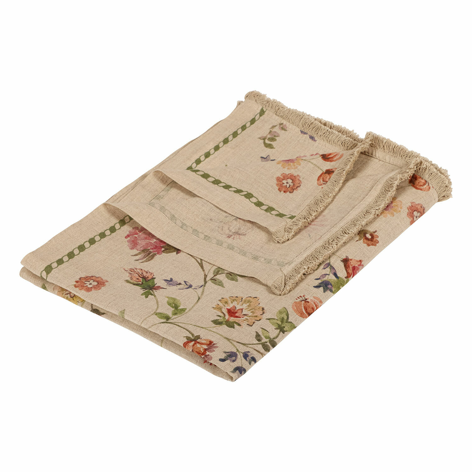 Plaid Karratha Leinen-Tischdecke in Beige mit floralem Muster und Fransen, rustikales Tischdekor