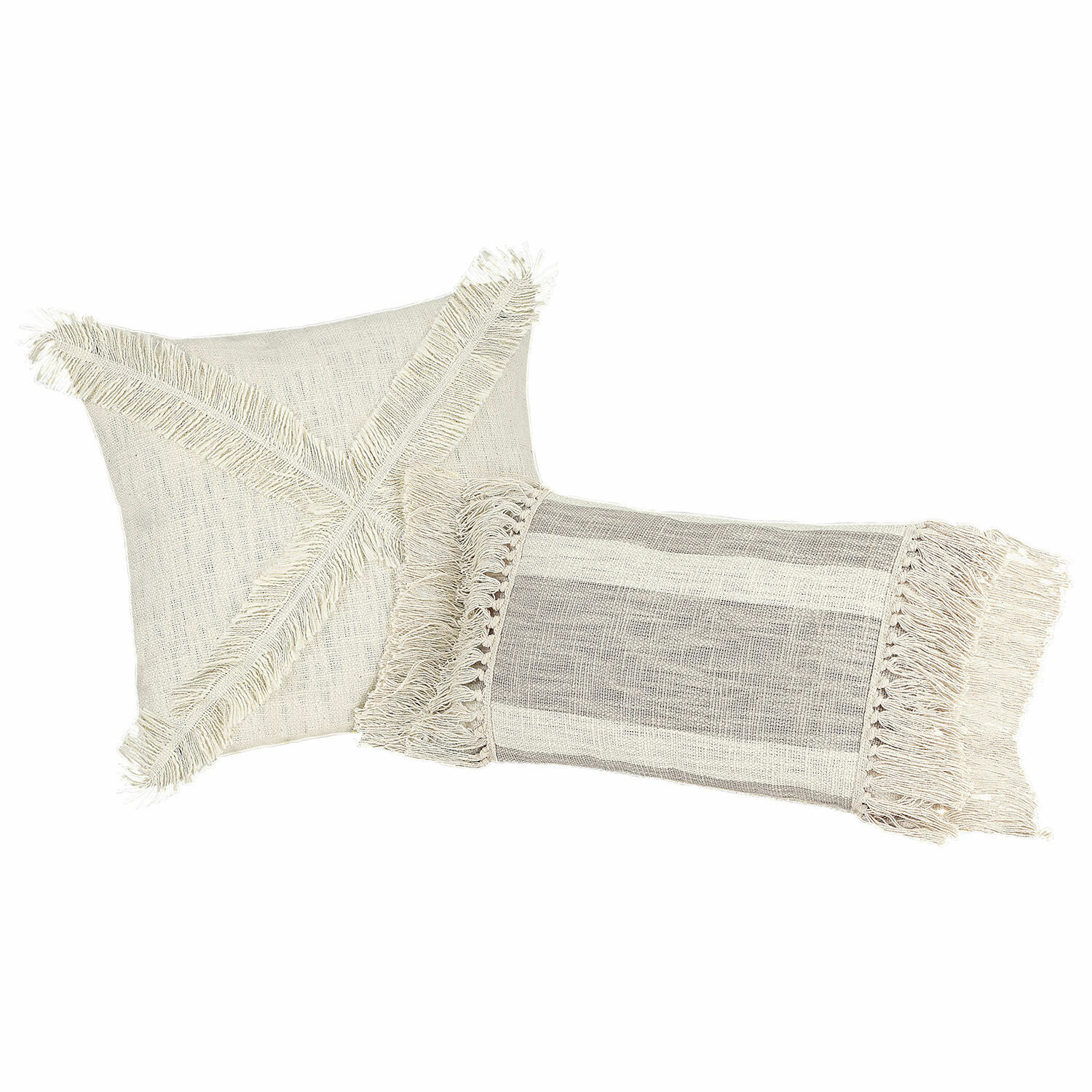 Kissenhülle 2er Set Freya Set aus zwei dekorativen Baumwollkissen in Creme mit Fransen, Boho-Stil