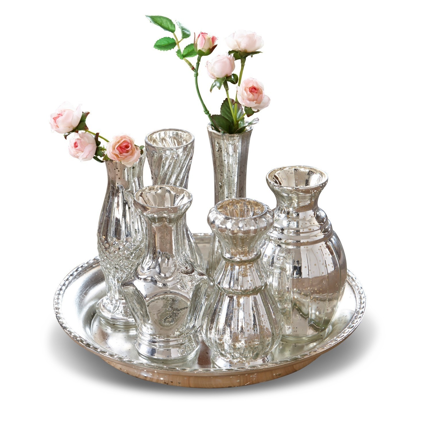 Tablett mit Vasen Blairville Set aus silbernen Glasvasen auf Tablett mit rosa Blumen, elegante Tischdekoration