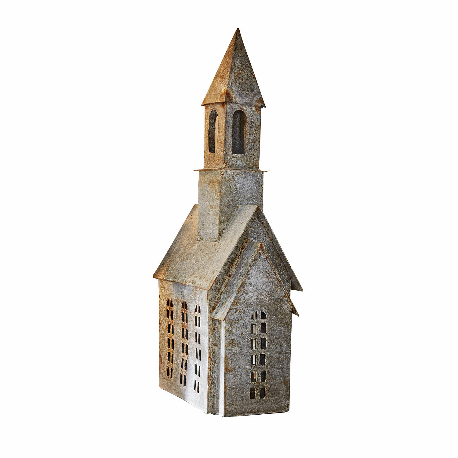 Windlicht Montavino Metall-Dekoration in Form einer grauen Kirche mit ausgeschnittenen Fenstern, Deko für Innen- und Außenbereich