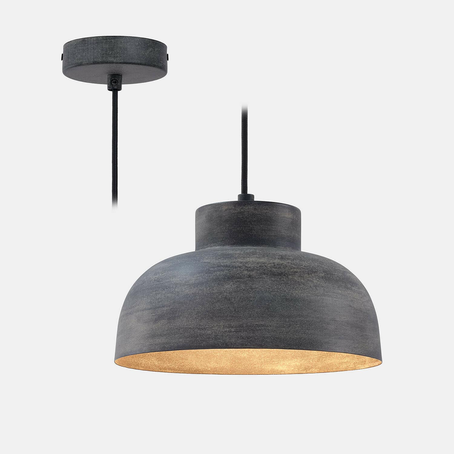 Hängelampe aus dunkelgrauem Metall mit warmem Licht, modernes Design für Wohnräume