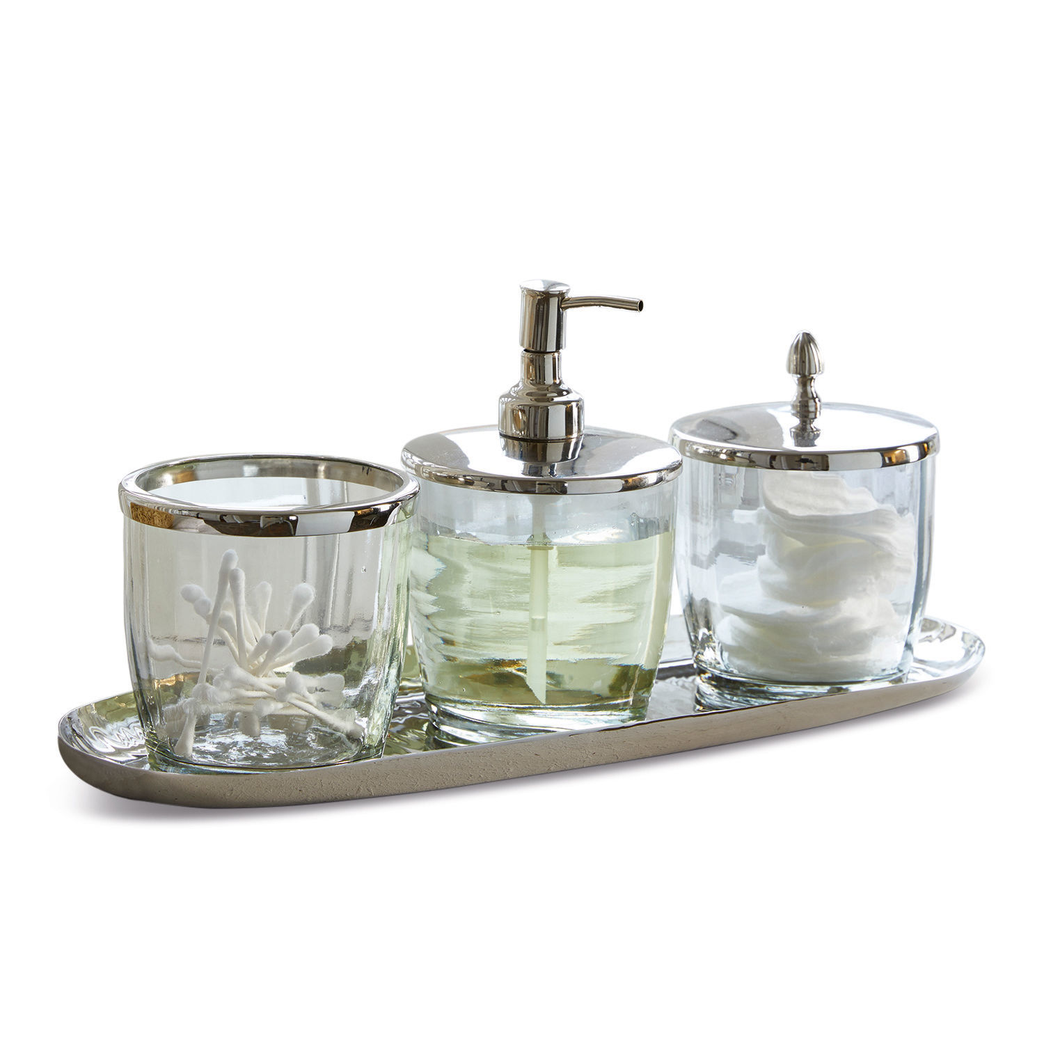Glas-Badezimmer-Set mit Spender und Behältern für Wattepads und Wattestäbchen in Silber