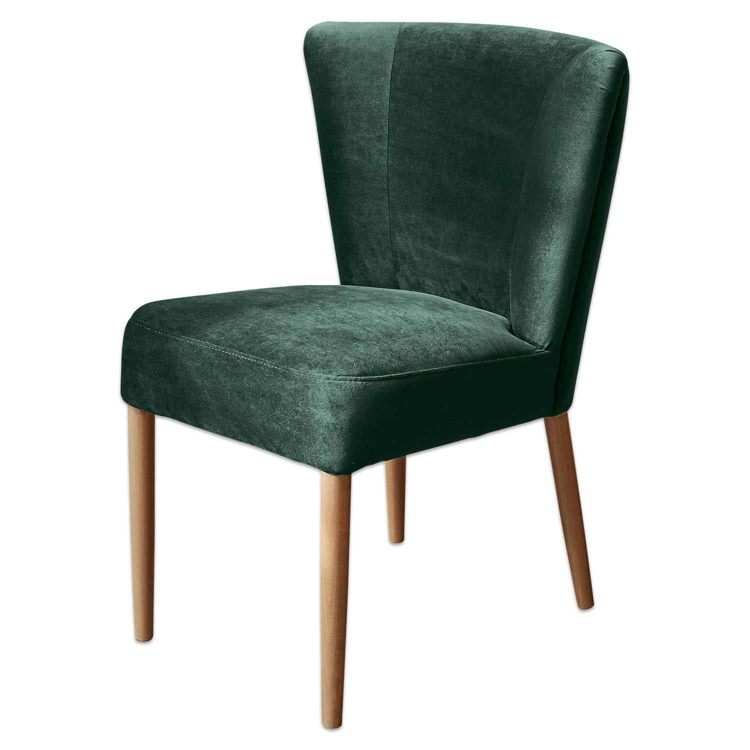 Eleganter Stuhl mit grünem Samtbezug und Holzbeinen für Wohnzimmer und Esszimmer
