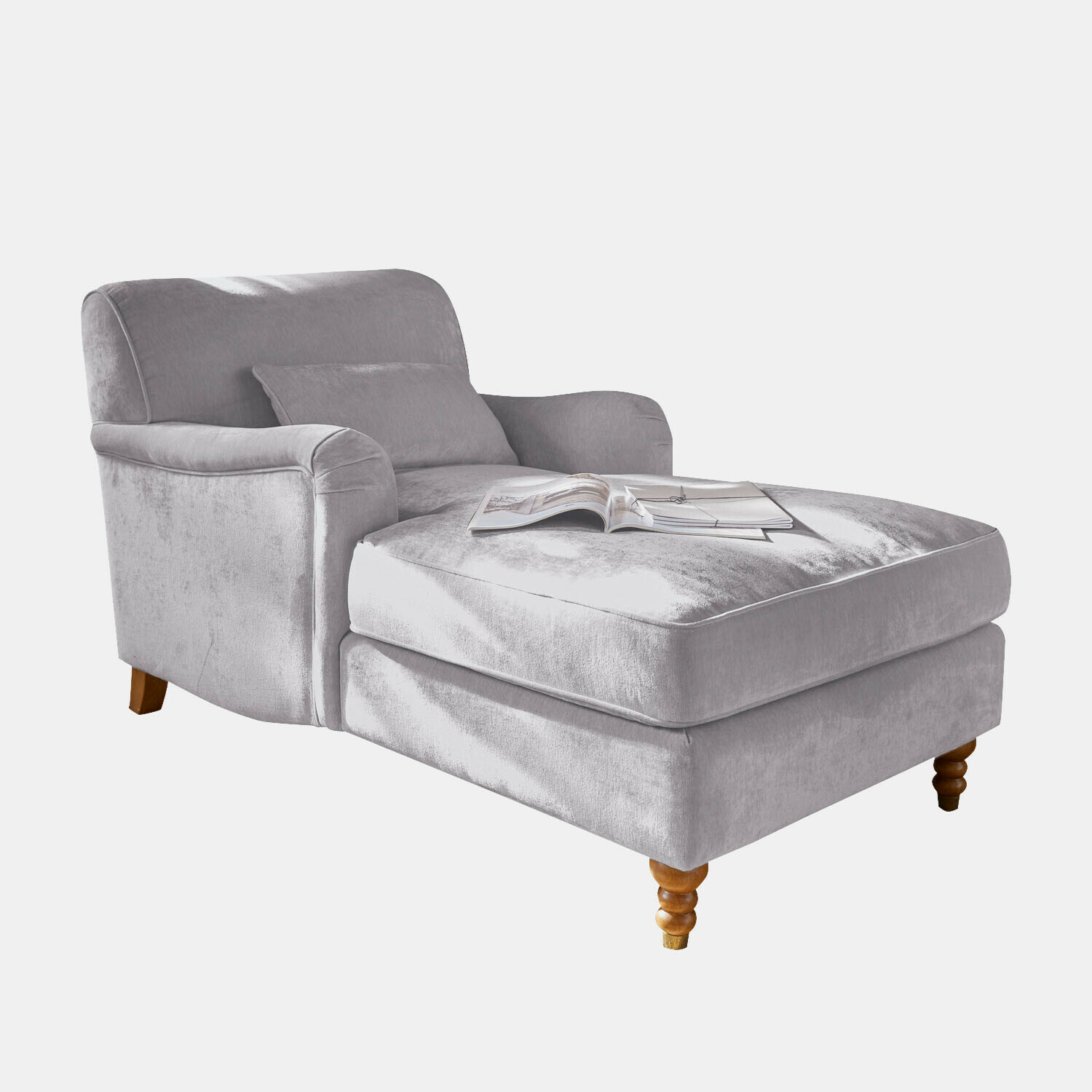 Graue Chaiselongue Isa aus weichem Stoff mit Holzbeinen, bequemer Polstermöbel im Wohnzimmer