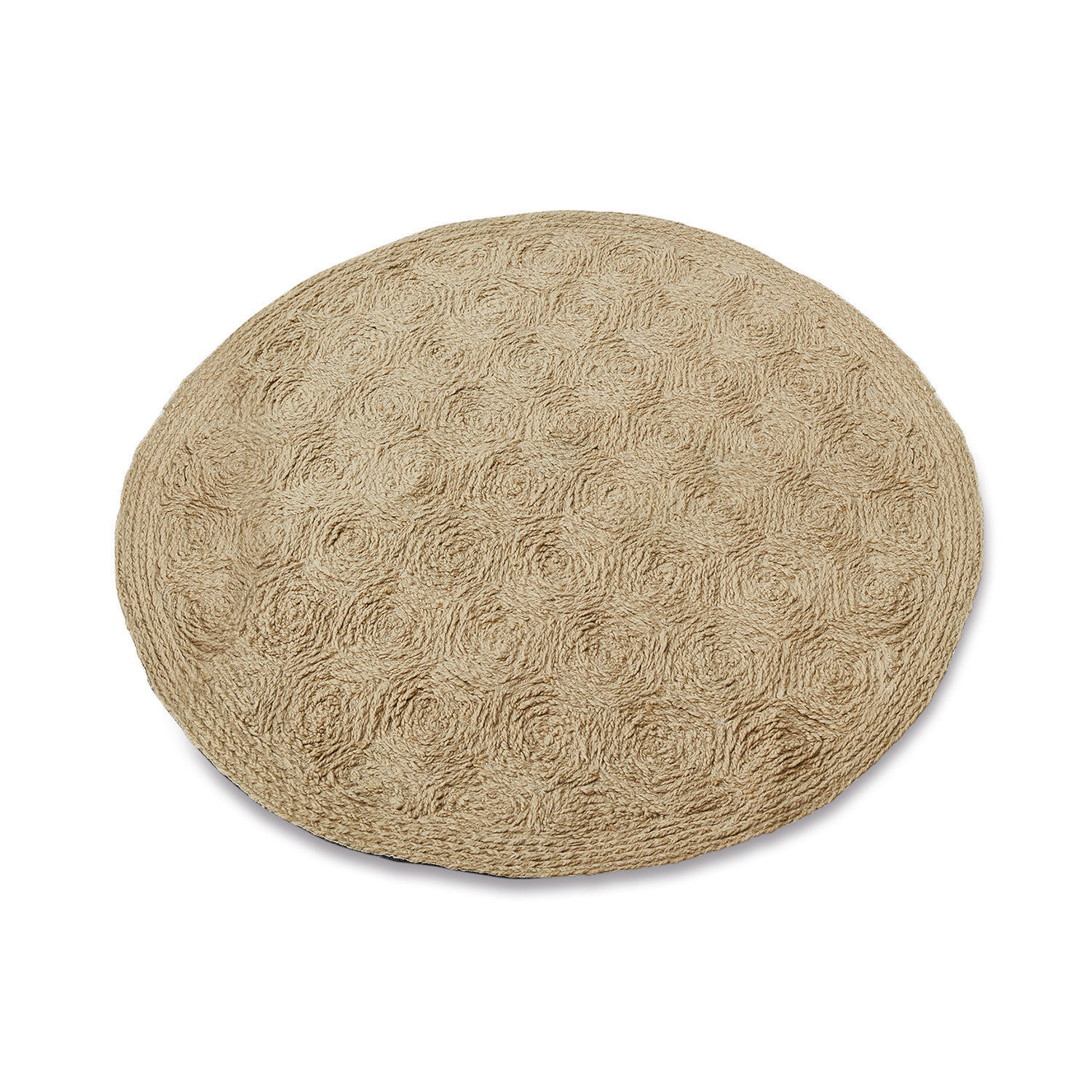 Runder Teppich aus Jute in Naturfarbe mit Rosenmuster, nachhaltige Bodendekoration
