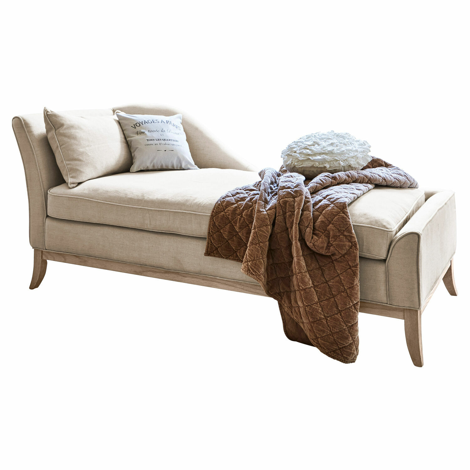 Chaiselongue Alphonse Beige gepolsterte Chaiselongue mit Holzgestell und brauner Steppdecke für Wohnzimmer