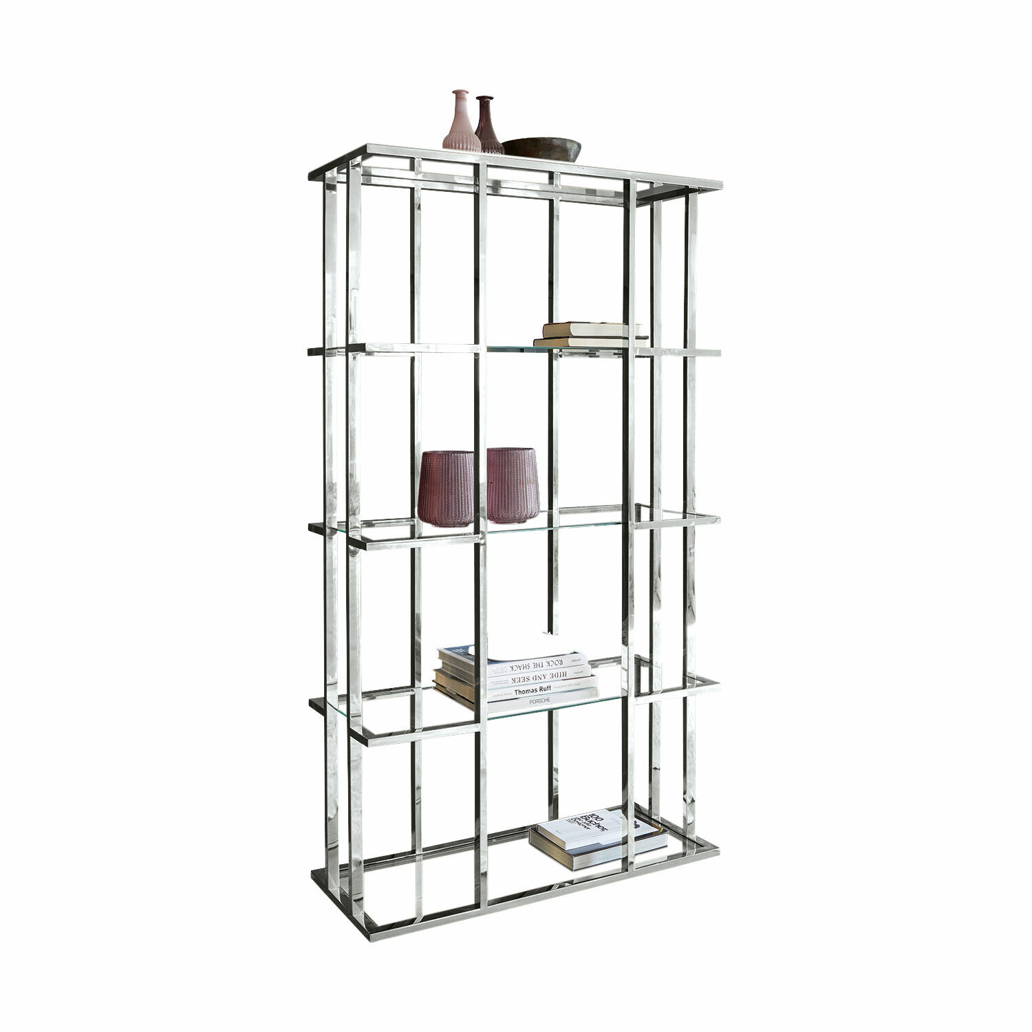 Regal Dacre Moderner silberner Metallregal mit Glasböden, dekorativen Vasen und Büchern darauf