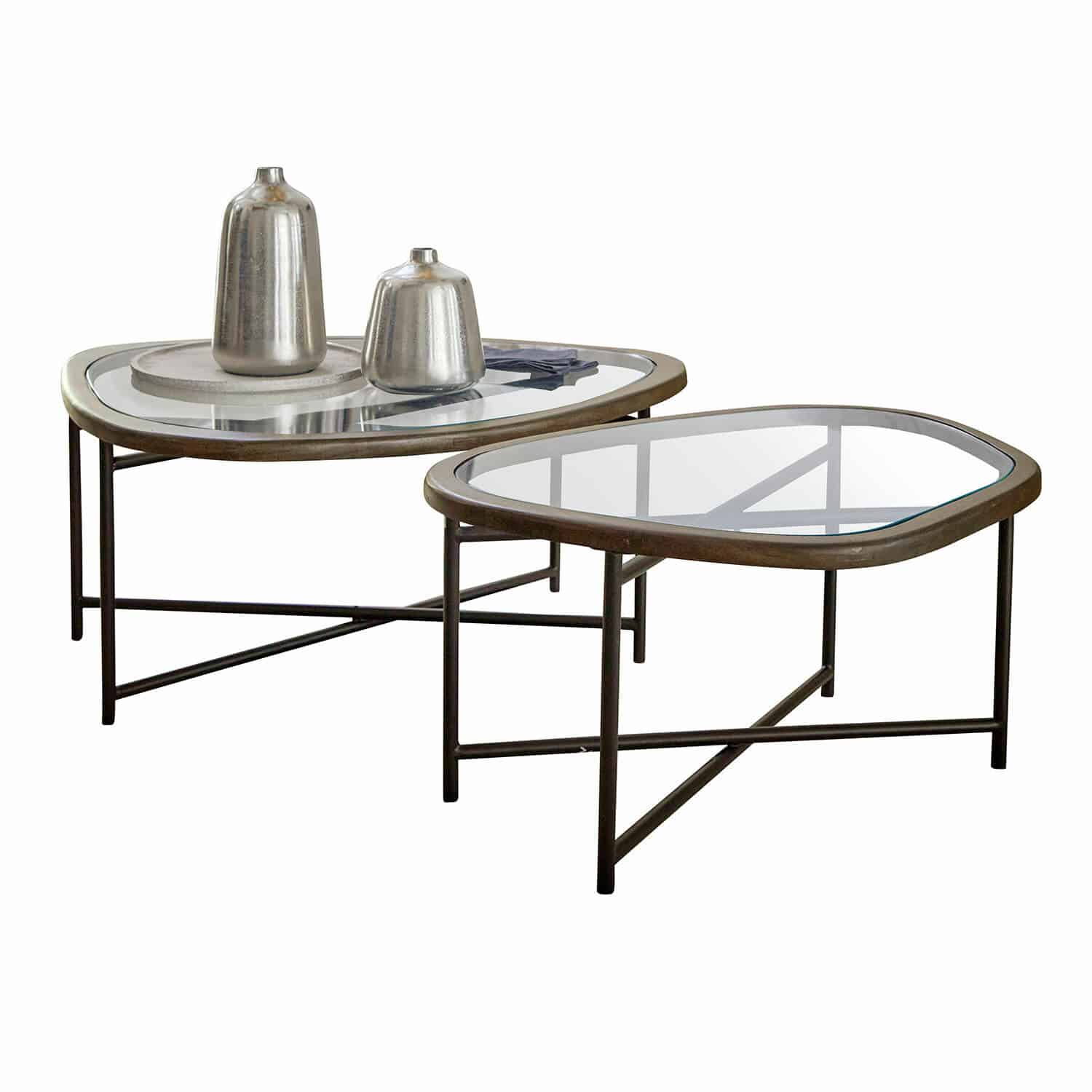 Couchtisch 2er Set Kembria Zweier-Set Couchtische mit Metallgestell und braunen Glasplatten