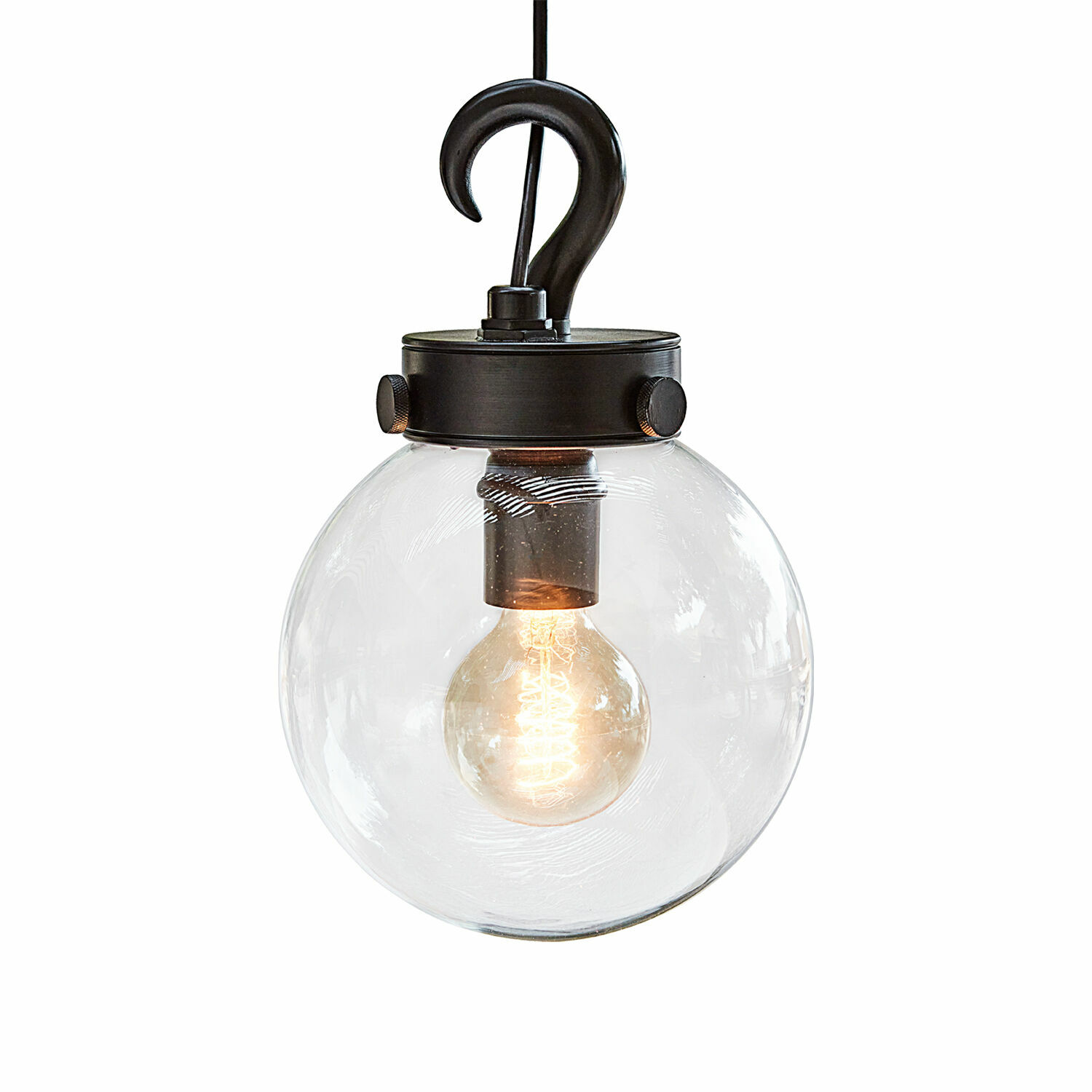 Gartenlampe Marey aus schwarzem Metall und klarem Glas, hängende Leuchte mit sichtbarer Glühbirne