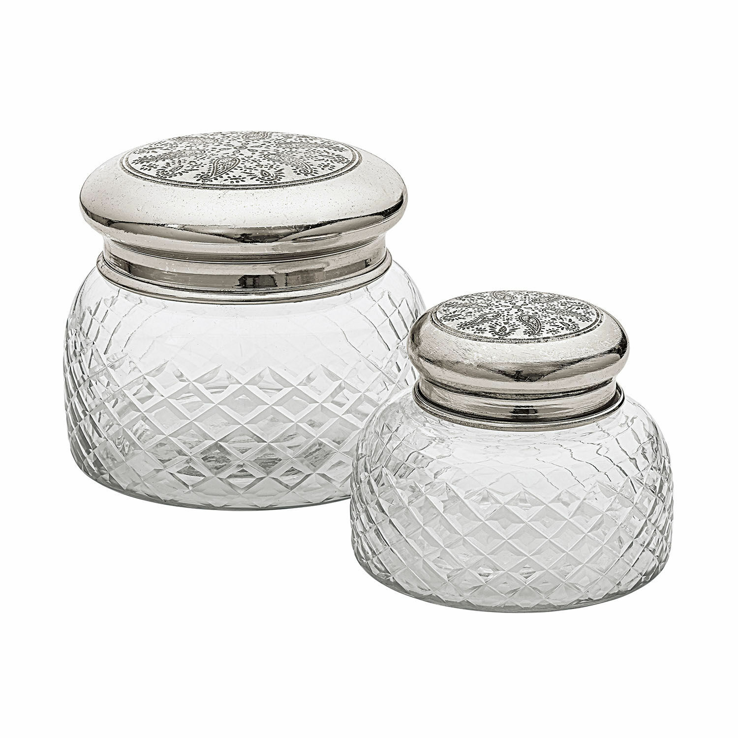 Set aus zwei Glasbehältern mit silbernen Metalldeckeln und dekorativem Muster auf den Deckeln