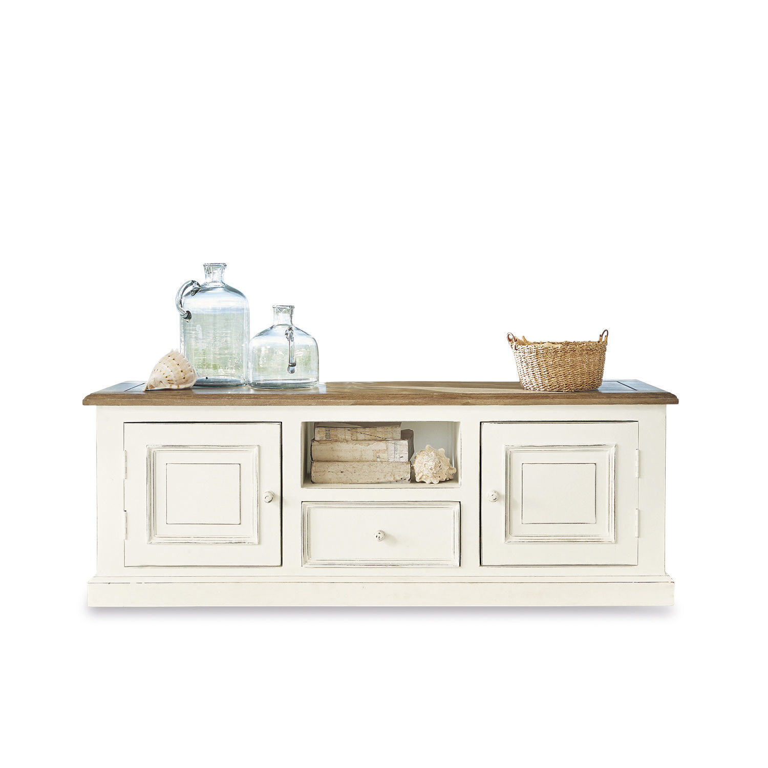 Sideboard Cogolin Weiße Holzkommode mit Schublade und Fächern, Naturholzplatte, Glasdekorationen und Korb