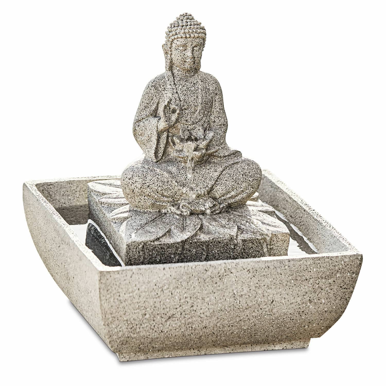 Gartenbrunnen aus grauem Stein mit Buddha-Figur und fließendem Wasser, Zen-Dekor