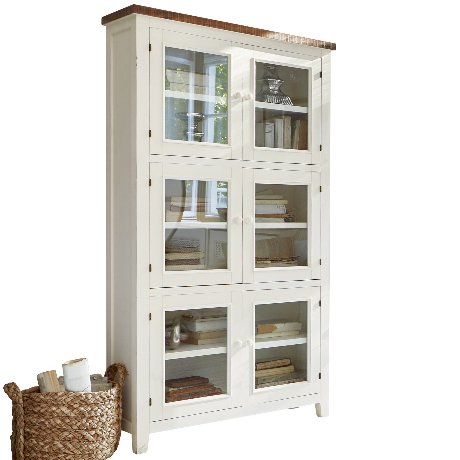 Schrank Yukon Weiße Holzvitrine mit Glastüren und Regalen für Bücher und Dekorationen