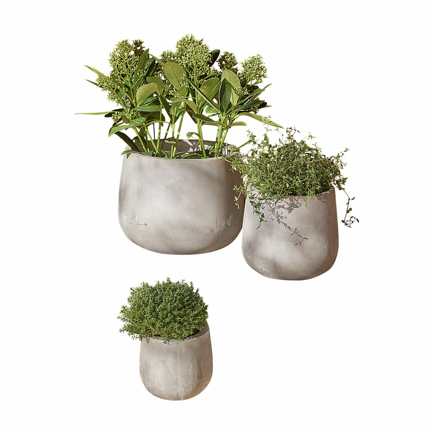3er-Set Übertopf Sunvale aus grauem Beton mit grünen Pflanzen, moderne Deko für Haus und Garten