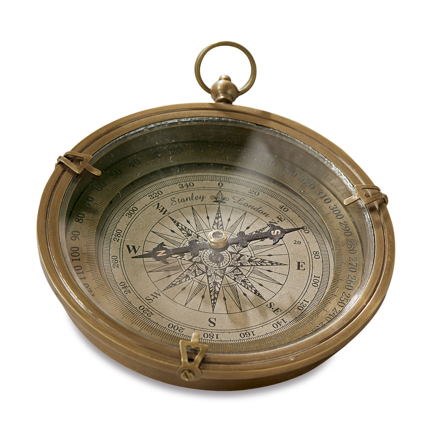 Messingkompass mit dekorativer Windrose und Glasabdeckung, klassisches Navigations- und Dekoobjekt
