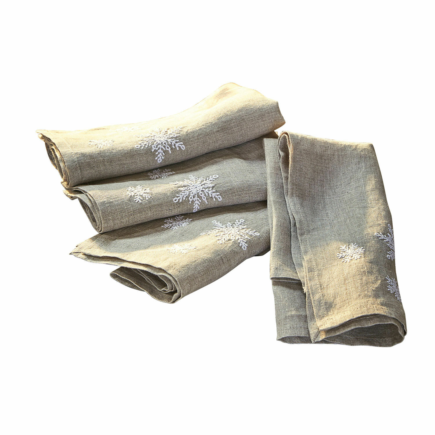 Serviette 4er Set Ruspi Beige Leinenservietten mit weißem Schneeflocken-Stickmuster, winterliche Tischdeko
