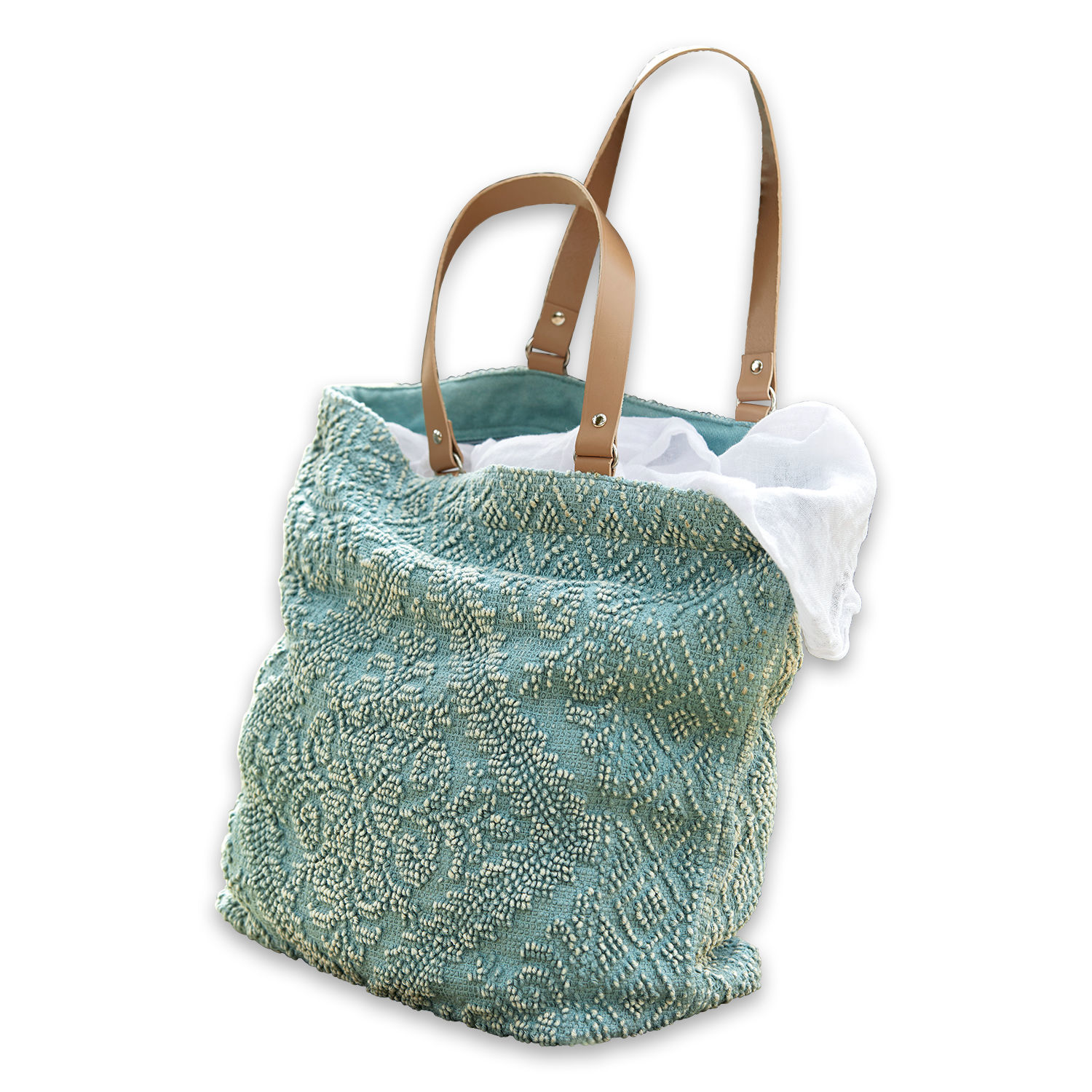 Tasche Vicel Blaue Stofftasche mit beigen Kunstledergriffen und strukturiertem Muster