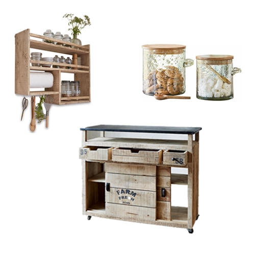 Set aus rustikalen Küchenmöbeln aus Holz mit Wandregal, rollbarem Schrank und Glasbehältern mit Deckeln
